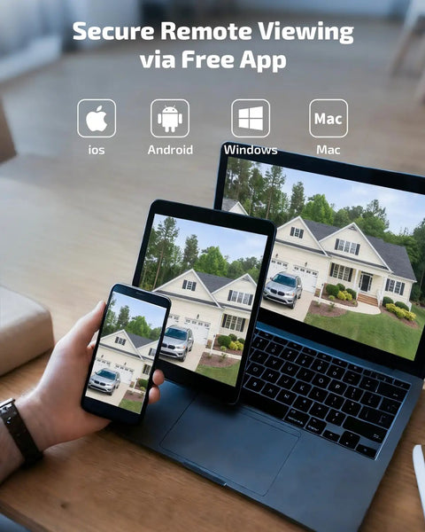 130 Degree Wide Angle Wireless Outdoor Security Camera System with Two Way Audio showing home on laptop, tablet, and smartphone