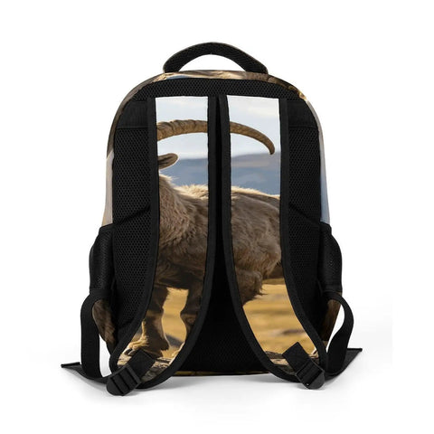 Back view of Alpine Wild Horned Goat Print Backpack For Unisex Large Capacity Daypack showing horned goat design and black straps.