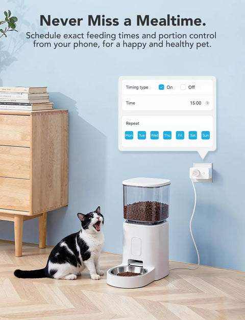 Cat feeder plugged into Real Time Energy Monitoring Smart Plug With WiFi And Bluetooth, Works With Alexa And Google Assistant, 15A Outlet