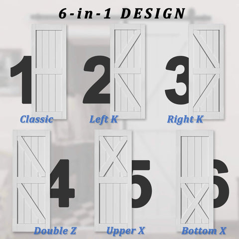 6-in-1 design options for 42 Inch By 84 Inch Sliding Barn Door Kit With 7 Ft Hardware Track Included Heavy Duty Water Resistant Anti Scratch White MDF Wood Door DIY Friendly Easy Install K Frame.