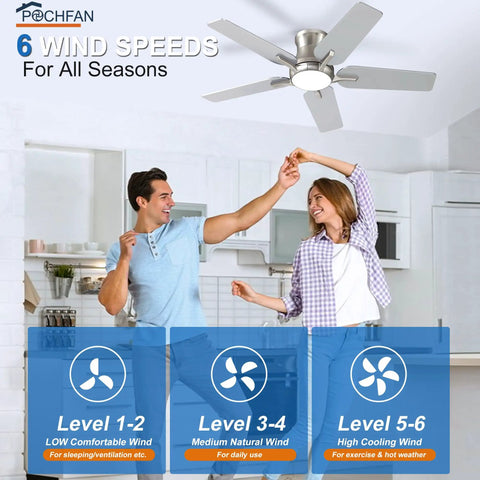 Couple enjoying 42 Inch Ceiling Fan With Lights And Remote Brushed Nickel Flush Mount Low Profile Ceiling Fan For Bedroom Living Room Patio Dimmable 6 Speeds Noiseless Reversible ETL Listed