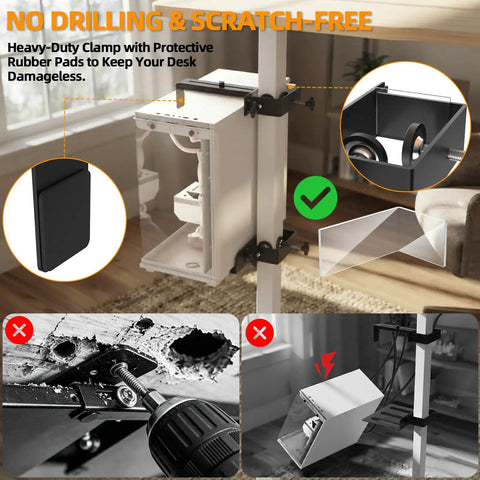 Heavy Duty Under Desk PC Mount No Drill Table Clamp with Rubber Pads, securing PC tower while preventing scratches on desk.