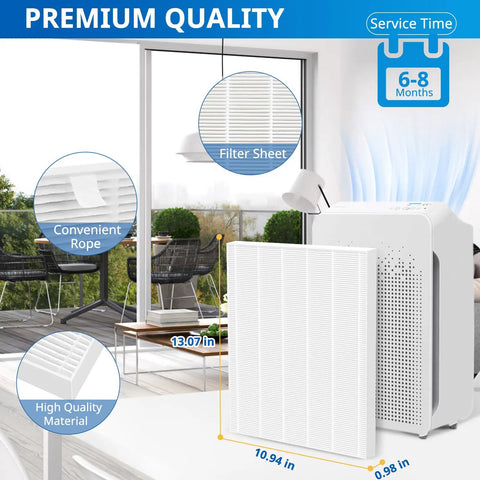 4 Pack C545 Replacement Filter S For C545 Air Purifier with labeled features and dimensions on a patio setting.