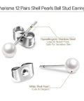 5mm Pearl Stud Earrings Set For Women Dope Hypoallergenic Jewelry - Surgical Stainless Steel Lead And Nickel Free 12 Pairs Imitation Round Pearl Earrings Comfortable Everyday Sparkle, white shell pearl stud close-up