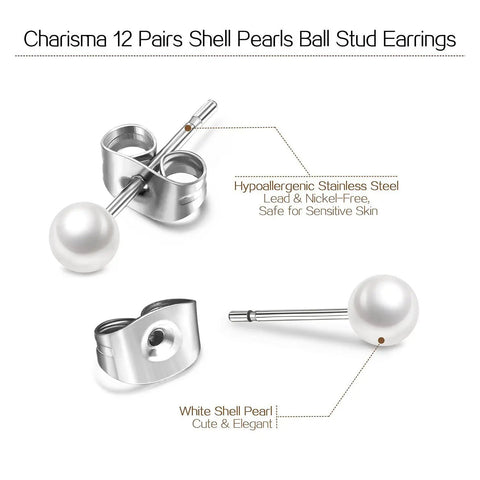 5mm Pearl Stud Earrings Set For Women Dope Hypoallergenic Jewelry - Surgical Stainless Steel Lead And Nickel Free 12 Pairs Imitation Round Pearl Earrings Comfortable Everyday Sparkle, white shell pearl stud close-up
