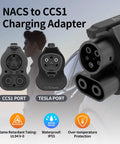 Top Shelf Nacs To Ccs1 Adapter For Blazing Fast Electric Charging with visible CCS1 and Tesla ports, showcasing rugged design.