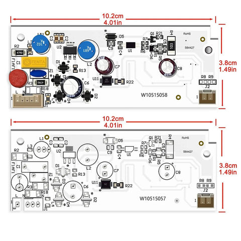 Refrigerator LED Light Replacement Kit With Main Driver W10515058 And Two LED Boards W10515057 For Kenmore Maytag Whirlpool Models WPW10515058 WPW10515057 WRS325FDAM04 WRS325FDAM02 No Cover Included Easy Install, showing board layout dimensions.