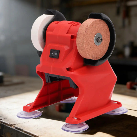 Asixxsix Mini Bench Grinder With Efficient Copper Motor And Dual Corundum Wheels For Sharpening Metal Polishing on a workbench.