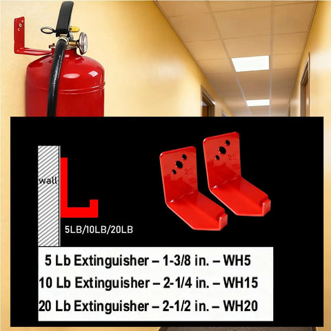 Eight Pack Fire Extinguisher Mount Bracket For Up To 40 Lbs Universal Wall Hanger shown installed with sizes and specs displayed