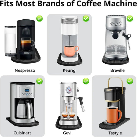 Silicone Coffee Mat 15.8 Inch By 11.8 Inch Bar Mat under various coffee maker brands, showing heat resistant non-slip use on countertop.