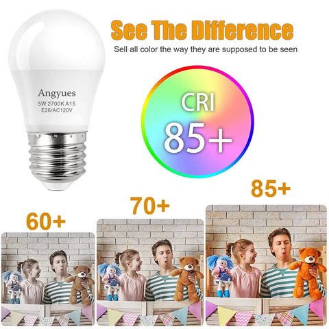 40W Equivalent A15 LED Bulb 120V Warm White 2700K Energy Saving E26 Base Pack of 4 with CRI 85+ color rendering comparison