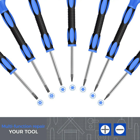 Magnetic Torx Screwdriver Set 12Pcs Pro Grade With T3 T4 T5 T6 T7 T8 T10 And TR8 TR10 Security Bits arranged in a semicircle