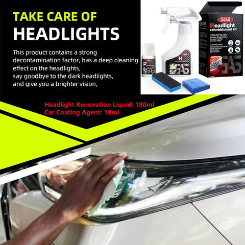 Automotive Headlight Restoration Fluid Kit For All Vehicles with upgrade polishing set shown in use cleaning a car headlamp.