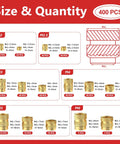 Heat Set Threaded Inserts Kit Brass Knurled For Plastic And 3D Printing Components M2 To M6 Size Range, 400 Pieces chart