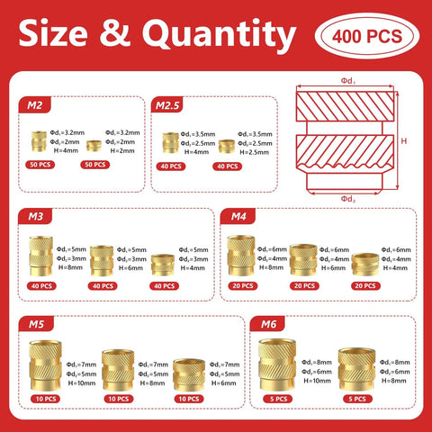 Heat Set Threaded Inserts Kit Brass Knurled For Plastic And 3D Printing Components M2 To M6 Size Range, 400 Pieces chart