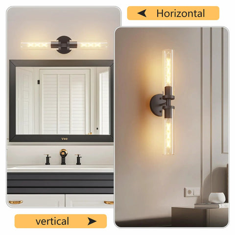 Mermiviok Matte Black Wall Sconces Set of 2, Clear Glass Vanity Lights in horizontal and vertical placements.
