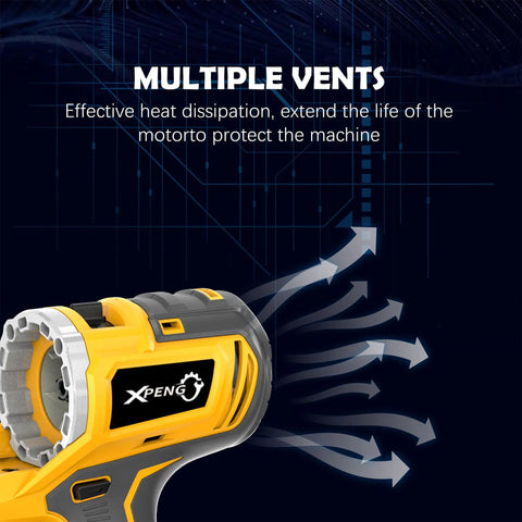 Close-up of Six Tool 18V Cordless Power Tool Kit with drill showing multiple vents for heat dissipation