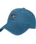 Lightweight Cyan Blue Fishing Hat For Men And Women, All Day Outdoors Cap with fishing graphic and adjustable buckle.