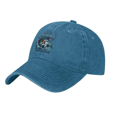Lightweight Cyan Blue Fishing Hat For Men And Women, All Day Outdoors Cap with fishing graphic and adjustable buckle.
