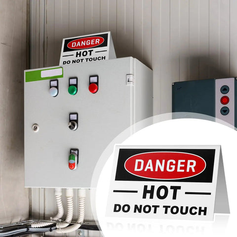 No Nonsense Aluminum Tent Warning Signs, Double Sided Heat Hazard Plates on electrical control box, 5 x 3.5 inch size.