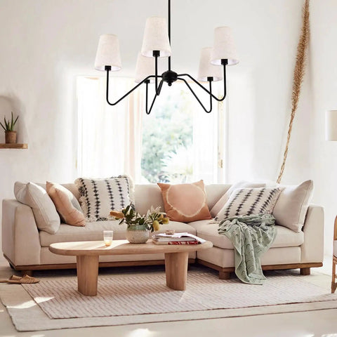 Five Light Modern Black Farmhouse Chandelier With Linen Beige Fabric Shades in living room setting, 30 Inch Adjustable Pendant Ceiling Light
