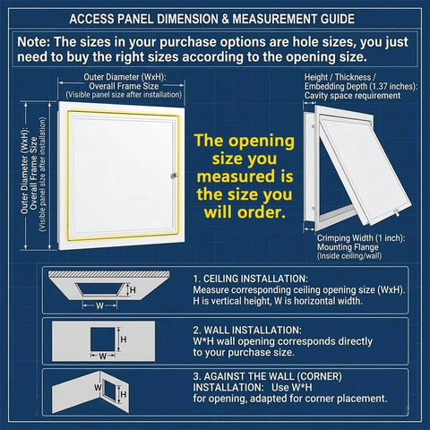 Access panel measurement guide for Galvanized Steel Attic Access Panel With Smooth Flush Door For Drywall Ceilings And Walls Sweet Fit Plumbing Service Cover Plate 22 By 36 Inches.