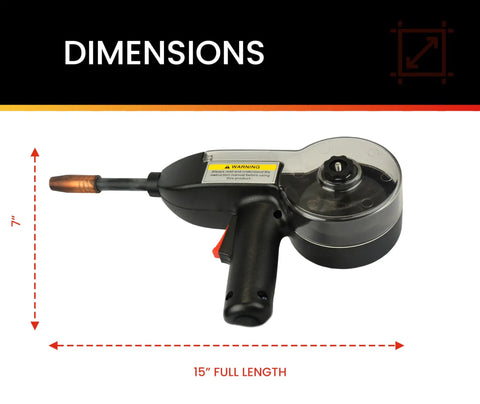 Spool Gun For 250 WFG MIG Welder 20 Foot Lead See Through Cover For Quick Wire Checks showing dimensions of 15" length and 7" width