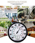 Large 10 Inch Outdoor Thermometer And Hygrometer With Big Numbers No Hassle Waterproof Weather Monitor For Patio Garden Garage And Home Reads Temperature From Minus 40 To 60 Celsius Or 140 Fahrenheit And Humidity 0 To 100 Percent shown with various indoor and outdoor settings like office and greenhouse.