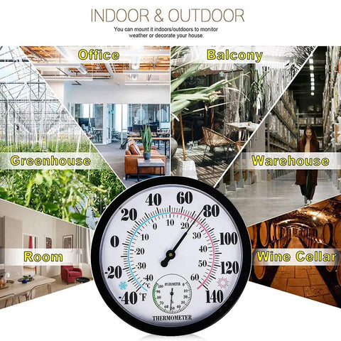 Large 10 Inch Outdoor Thermometer And Hygrometer With Big Numbers No Hassle Waterproof Weather Monitor For Patio Garden Garage And Home Reads Temperature From Minus 40 To 60 Celsius Or 140 Fahrenheit And Humidity 0 To 100 Percent shown with various indoor and outdoor settings like office and greenhouse.
