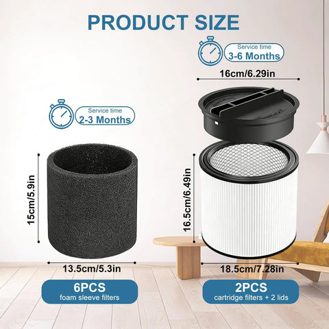 2-Pack Cartridge Filter Kit With Lids, 4 Foam Sleeves, And Cleaning Brush For 90304 Series Wet Dry Vacuums Replacement product size chart