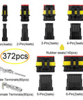 372Pcs Waterproof Automotive Electrical Connectors Kit With 1 To 6 Pin Quick Connect Disconnect Terminals Silicone Seals 18 Sets layout