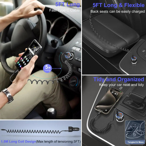 5FT long coil Type C cable connecting to a phone in a car, showcasing flexible usage for charging with Kickass 65 Watt Type C Car Charger With Pd And Quick Charge Tech Dual Usb A And C Ports For Samsung Galaxy S23 S24 S25 S26 Ultra Heavy Hitter Fast Charging Adapter Straight Fire Setup.