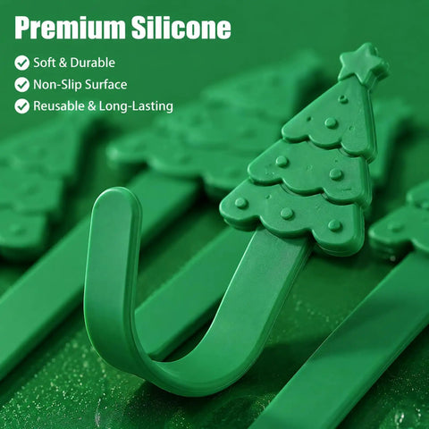Heavy Duty Christmas Adhesive Wall Hooks For Stockings And Garland Damage Free Clear Sticky Holders With Chill Out Setup For Sweet Grip Mantel Holiday Decoration, featuring green silicone hooks shaped like Christmas trees.