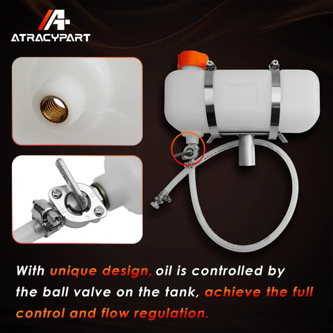 Oiler Kit For Chainsaw Milling Attachments; features 1.5L tank, metal valve for flow control, and hose clamps for installation.