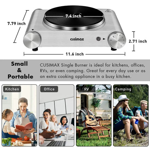 Image of 1500W Electric Hot Plate Single Burner With Quick Heat Up, Adjustable Temperature Control, Stainless Steel Portable Stove