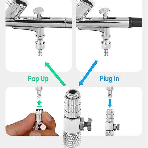 Airbrush Quick Disconnect Coupler With Release Valve Adapter, Includes Five Male Fittings, One Eighth Inch M To F, Easy Quick Change Tool For Switching Airbrushes, Not Compatible With Badger Paasche Aztek showing usage and connections