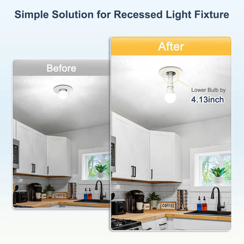 Flexible E26 Socket Extender Adapter With Adjustable Reach used in kitchen recessed light fixture comparison before and after