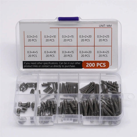 Assorted Compression Springs Kit 0.3mm Wire 2mm and 4mm OD 5 to 25mm Length 600 Pcs 304 Stainless Steel in plastic organizer box