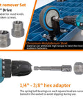 Image of Left Hand Drill Bit And Screw Extractor Set showing 3/8" nut remover set, hex adapter, and drill demonstration on blue surface.