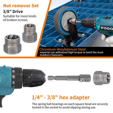 Image of Left Hand Drill Bit And Screw Extractor Set showing 3/8" nut remover set, hex adapter, and drill demonstration on blue surface.