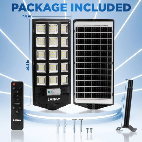 Two Pack Crazy Bright Solar Street Lights Outdoor 120000 Lumens Dusk To Dawn LED Security Street Light With Remote Control package
