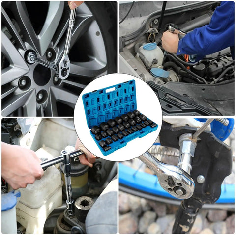 Heavy Duty 3/4 Inch Impact Socket Kit With Shallow Drive Plus Deep Socket 29 Piece Chrome Vanadium Set Featuring 6 Point Grip Design For Lug Nut Removal And Tough Jobs Comes Zippered Carrying Case, used on truck lug nuts and engine work