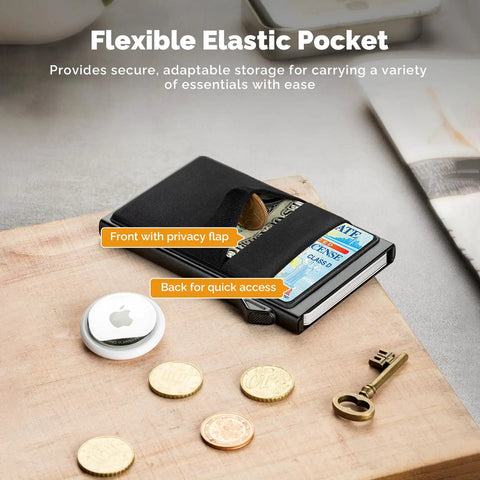 Go To Slim Pop Up Card Holder Wallet For Men With RFID Blocking And Money Pocket Minimalist Metal Card Case Black on table