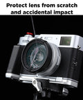 Fujifilm X100V camera with 2in1 Pro Grade Metal Lens Hood With UV Filter, multicoated UV shield, on tripod, black finish