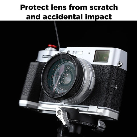 Fujifilm X100V camera with 2in1 Pro Grade Metal Lens Hood With UV Filter, multicoated UV shield, on tripod, black finish