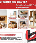 2 In 1 Electric Brad Nailer And Staple Gun With 18 Gauge Nails And Narrow Crown Staples, detailed uses in softwood projects.