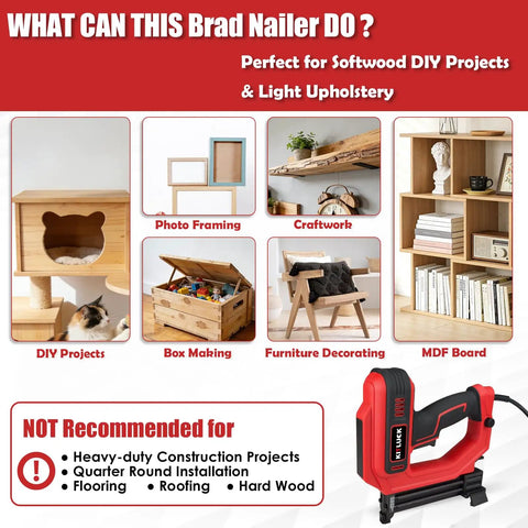 2 In 1 Electric Brad Nailer And Staple Gun With 18 Gauge Nails And Narrow Crown Staples, detailed uses in softwood projects.