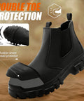 All Day Comfort Steel Toe Work Boots For Men Waterproof Lightweight Non Slip Safety Shoes Built For Construction And Industrial Jobs With Reinforced Toe Caps And ASTM Certified Boss Level Protection showing side view with rubber sheet protector.