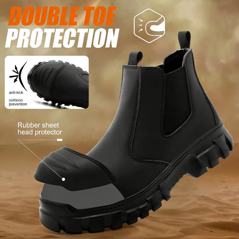 All Day Comfort Steel Toe Work Boots For Men Waterproof Lightweight Non Slip Safety Shoes Built For Construction And Industrial Jobs With Reinforced Toe Caps And ASTM Certified Boss Level Protection showing side view with rubber sheet protector.