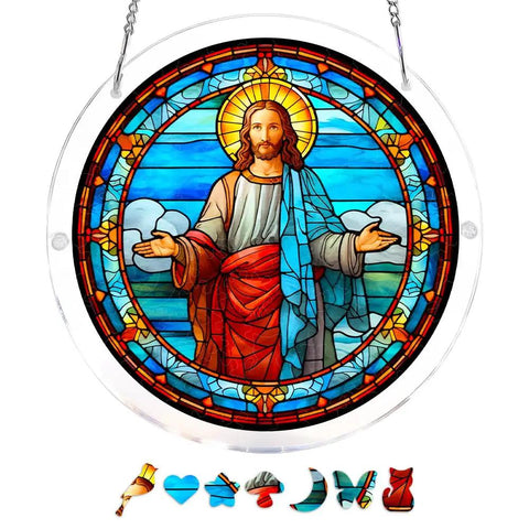 DIY 135 Piece Acrylic Suncatcher Jigsaw Puzzle Kit for Windows and Garden Decor, stained glass sun catcher with chain.